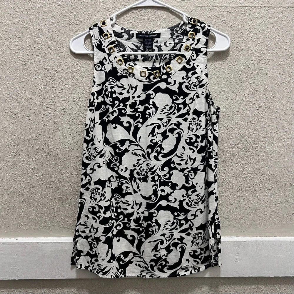 Saint Tropez West Black and White Linen Blend Tank Top Small